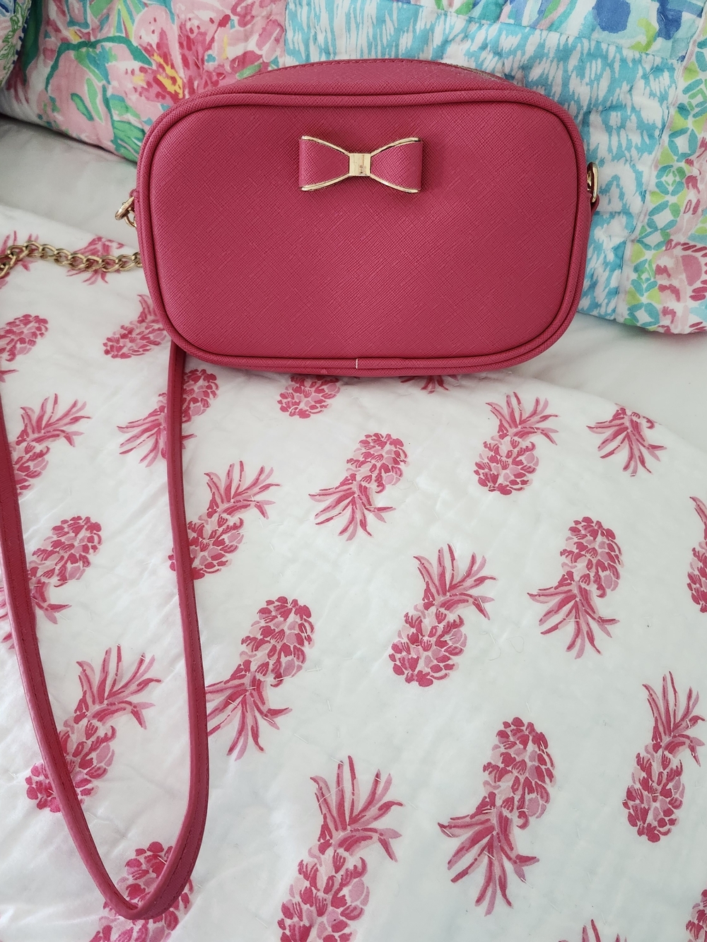 Hot Pink Crossbody Camera Bag with Gold Bow Accent